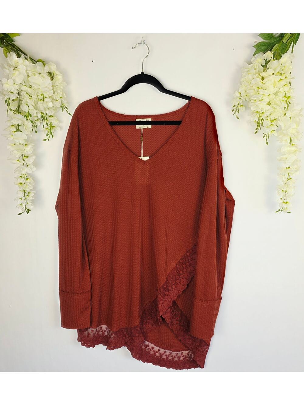 New Mia Joy Joyfolie Waffle Knit Top XL Rust Lace Hem Oversized Sheer Fall Boho